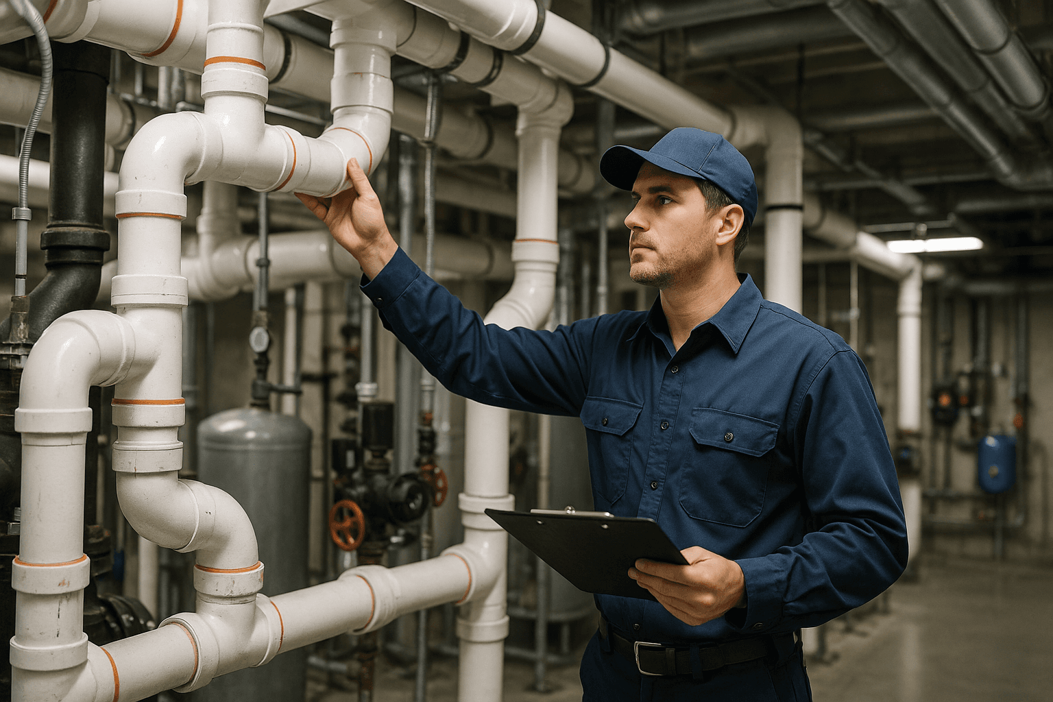 Commercial plumbing technician performing diagnostics in a Central Texas facility.