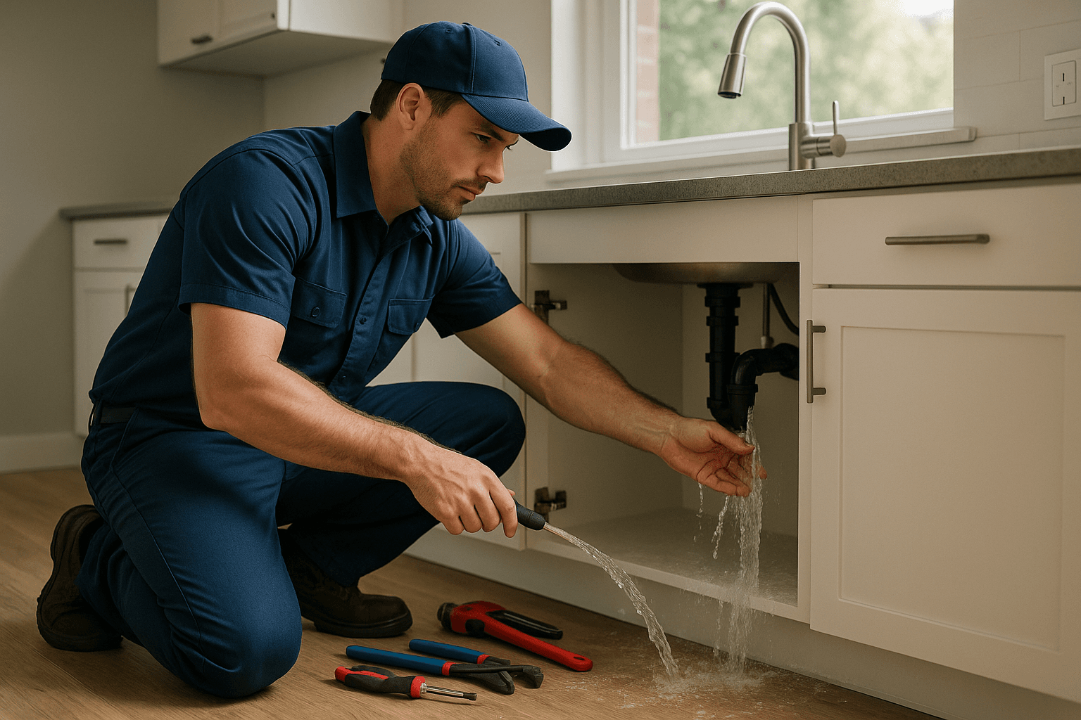Emergency plumber responding to an active leak in an Austin home.