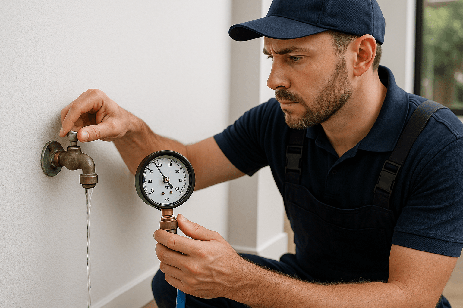 Plumber testing household water pressure at a utility connection in Austin.