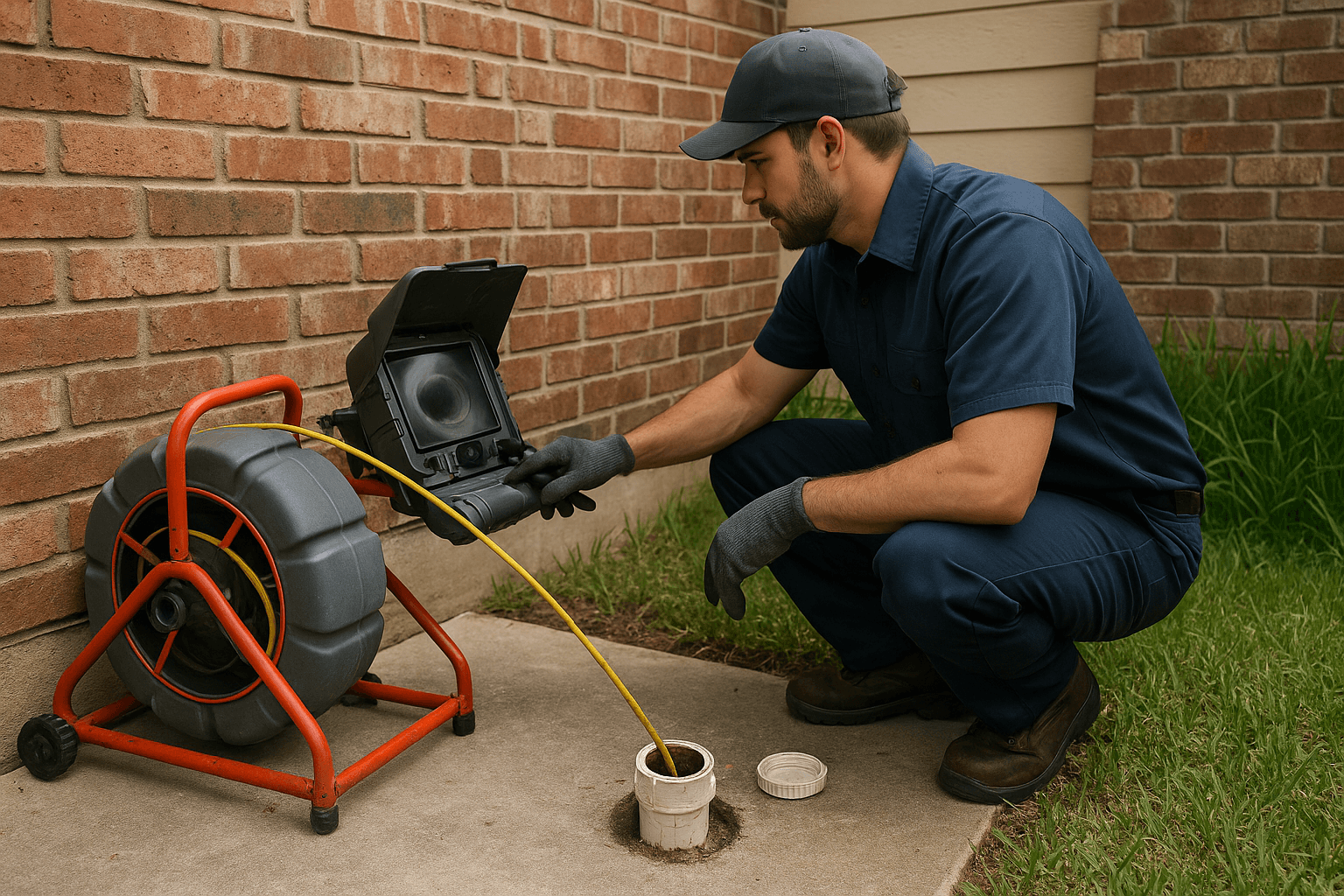 Plumber reviewing sewer line diagnostics with camera equipment in Austin.