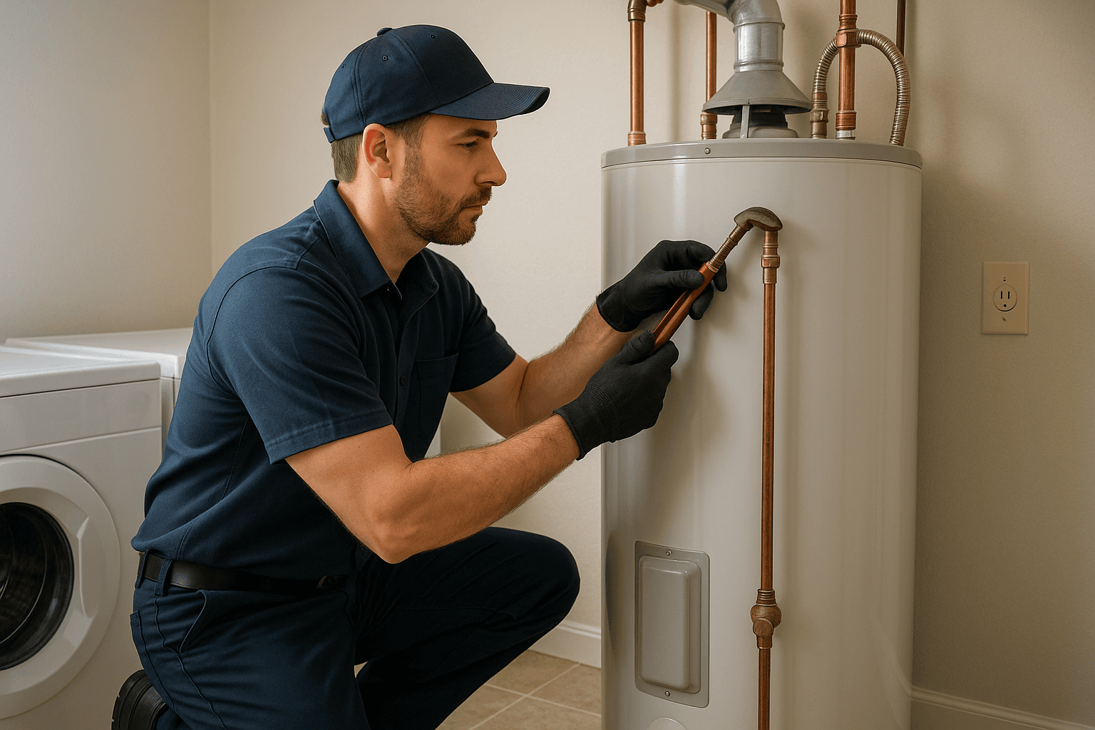 Plumber servicing a residential water heater system in Austin, Texas.